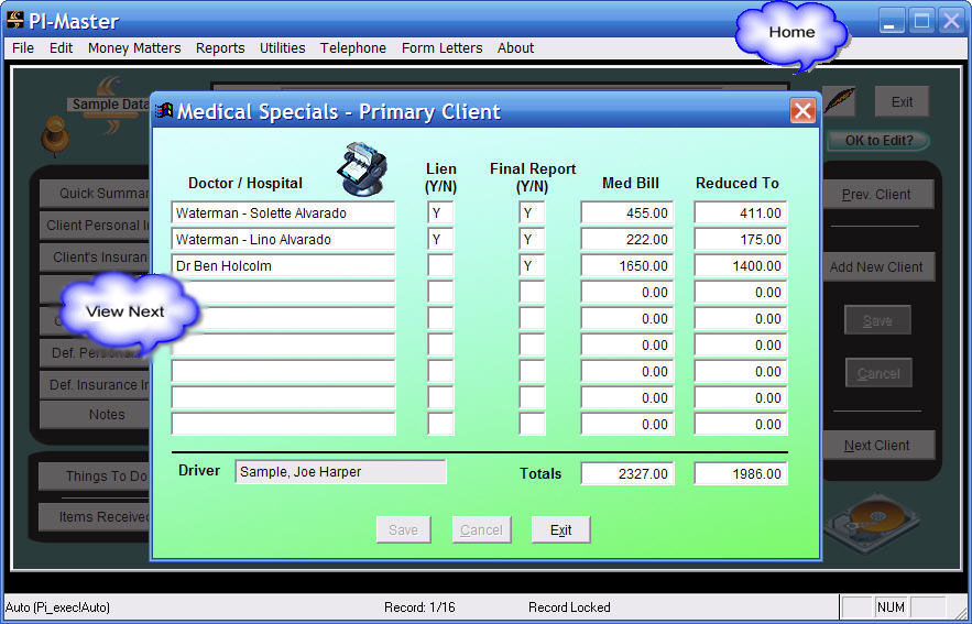 Medical Specials Data Input Screen