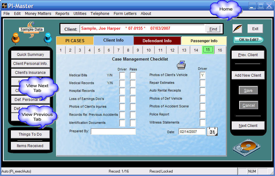Case Management Checklist to track progress of case.